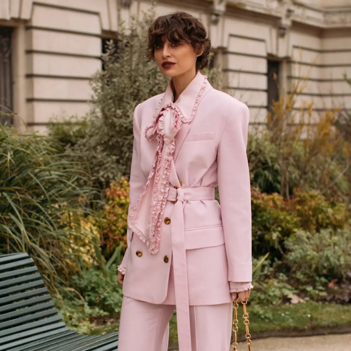 Monochromatic Pink Suit with a Ruffled Cream Blouse Monochromatic Pink Suit with a Ruffled Cream Blouse — Spring Europe Outfits 2027