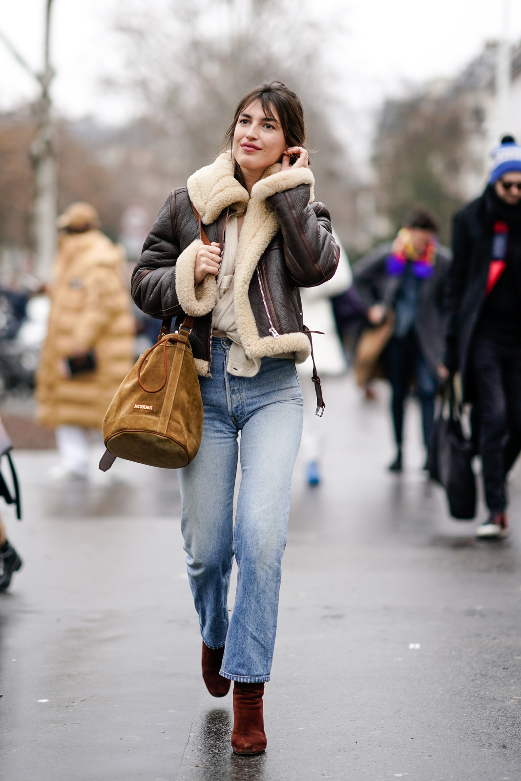 Shearling Aviator Jacket Over Knit and Jeans — Winter Outfits 2027 with Puffer
