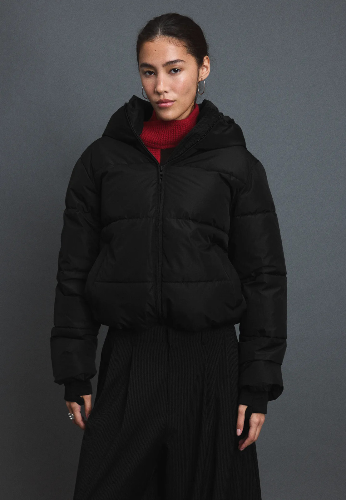Cropped Hooded Puffer with Red Turtleneck — Winter Outfits 2027 with Puffer