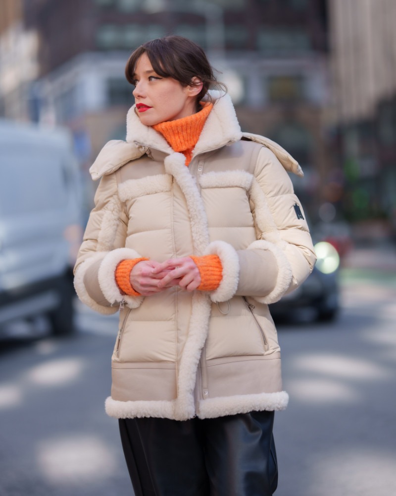 Gold Shiny Puffer with Corduroy and Pleated Skirt — Winter Outfits 2027 with Puffer