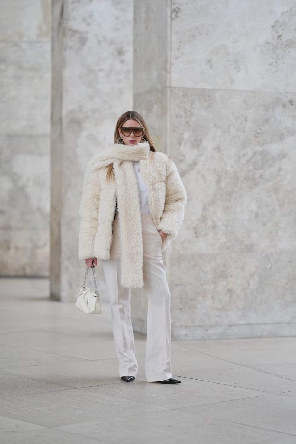 Fluffy Faux Fur Coat with Silk Blouse and Wide-Leg Trousers Fluffy Faux Fur Coat with Silk Blouse and Wide-Leg Trousers — Winter Neutral Outfits 2027