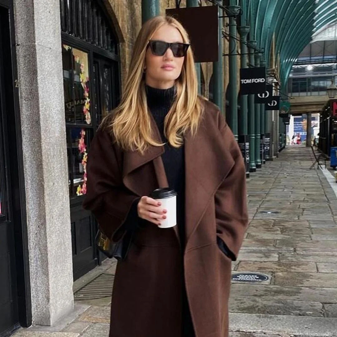 Voluminous Brown Wool Coat Over Black Turtleneck and Boots Voluminous Brown Wool Coat Over Black Turtleneck and Boots — Winter Neutral Outfits 2027
