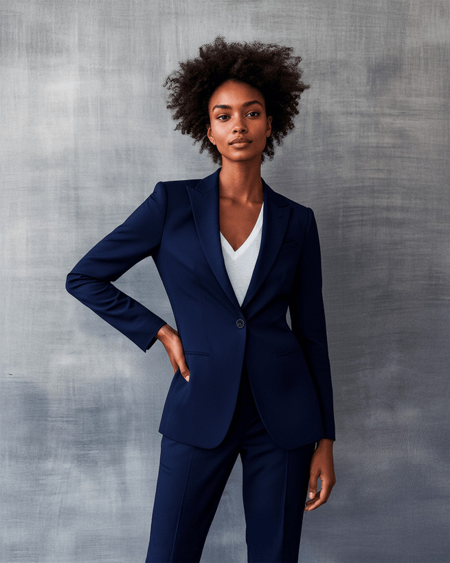 Sharp Navy Tailored Suit with White V-Neck Top Sharp Navy Tailored Suit with White V-Neck Top — Winter Navy Outfits 2027