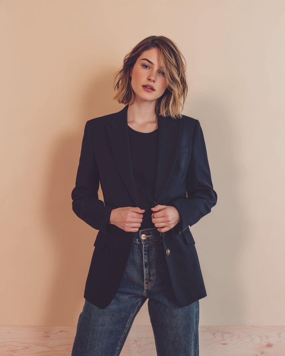 Smart Casual Navy Blazer with White T-shirt and Blue Jeans Smart Casual Navy Blazer with White T-shirt and Blue Jeans — Winter Navy Outfits 2027