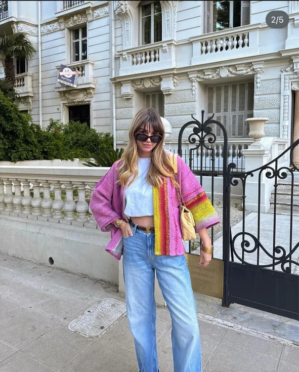 Colorful Knit Cardigan Over a White Tee and Jeans Colorful Knit Cardigan Over a White Tee and Jeans — Colorful Summer Outfits 2027