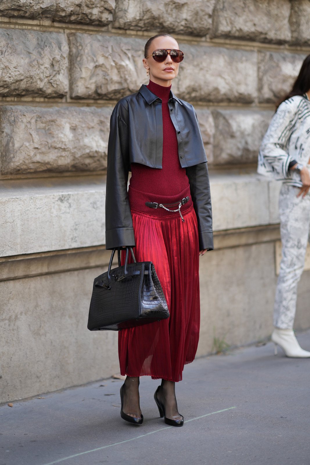 Red Turtleneck and Pleated Skirt with Cropped Leather Jacket for Street Style — Red Valentines Outfits 2027