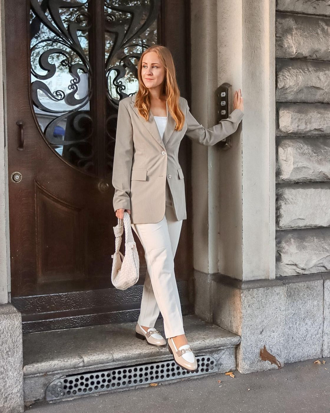 Beige Blazer and Trousers with Two-Tone Loafers Beige Blazer and Trousers with Two-Tone Loafers — Winter Interview Outfits 2027