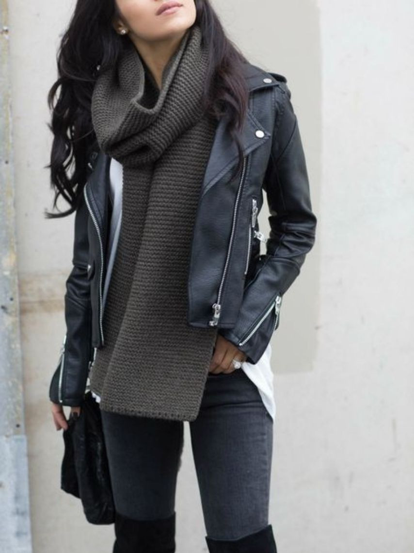 Moto Jacket and Scarf with Dark Grey Skinny Jeans Moto Jacket and Scarf with Dark Grey Skinny Jeans — Sweater and Jeans Outfits 2027