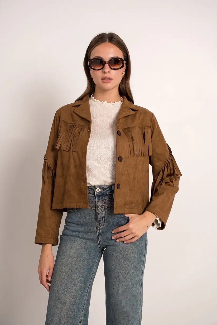 Brown Suede Fringe Jacket with White Lace Top and Light Blue Jeans Brown Suede Fringe Jacket with White Lace Top and Light Blue Jeans — Sweater and Jeans Outfits 2027