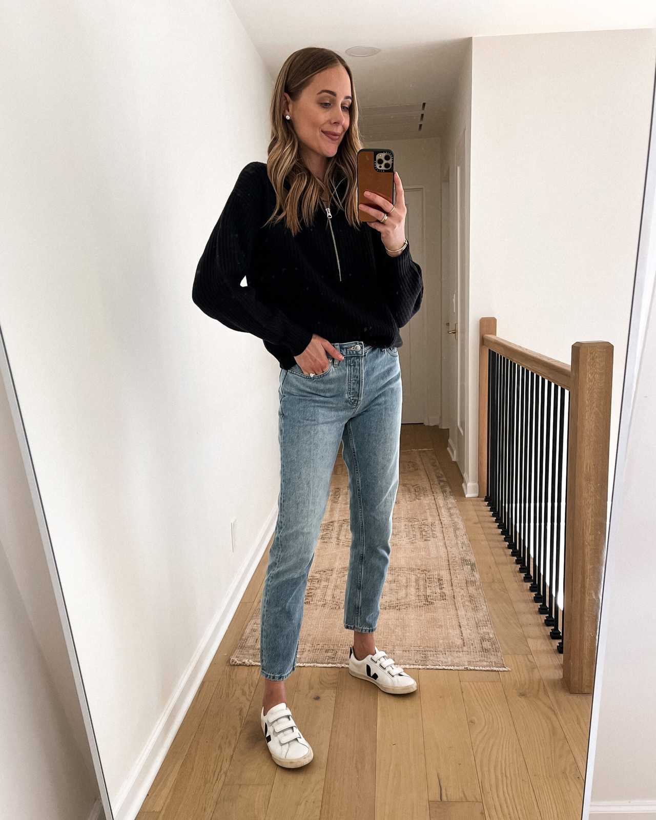 Black Quarter-Zip Sweater with Light Wash Straight Leg Jeans Black Quarter-Zip Sweater with Light Wash Straight Leg Jeans — Sweater and Jeans Outfits 2027
