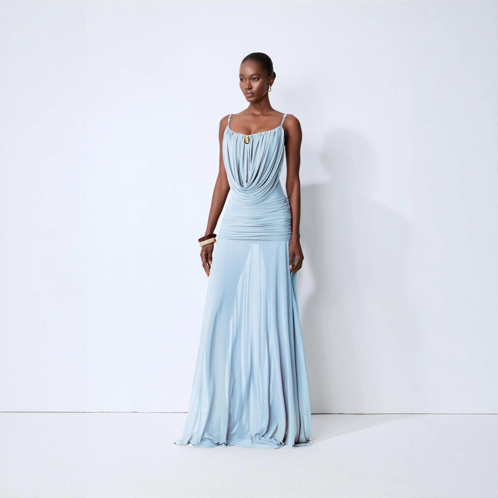 Light Blue Chiffon Maxi Dress with Draped Bodice Light Blue Chiffon Maxi Dress with Draped Bodice — Summer Bachelorette Outfits 2027