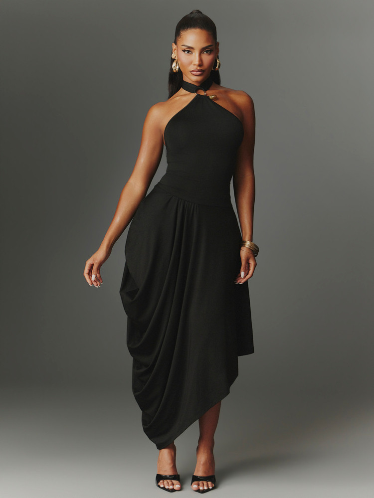 Monochromatic Black Halter Neck Dress with Draped Skirt Monochromatic Black Halter Neck Dress with Draped Skirt — Summer Bachelorette Outfits 2027