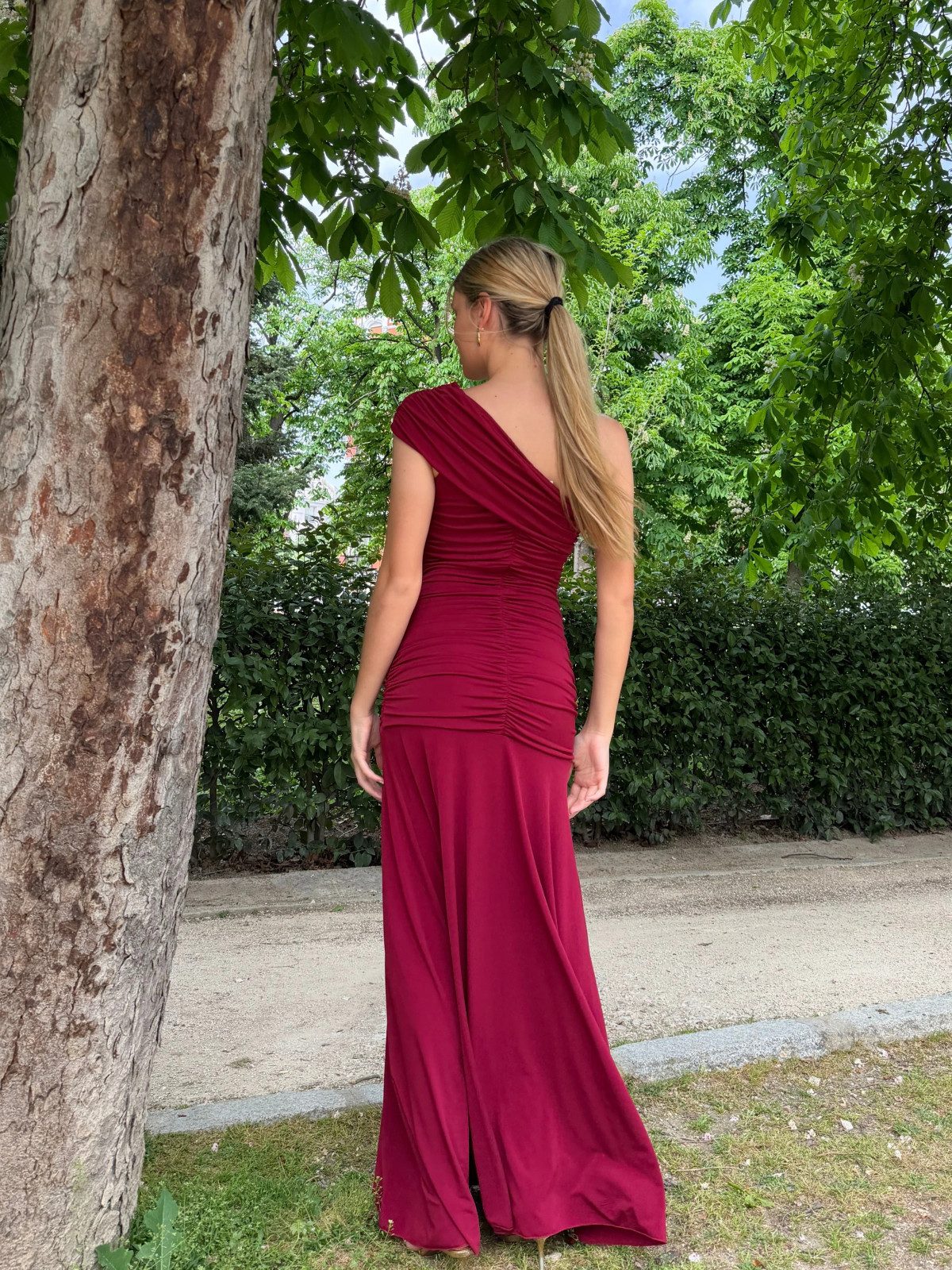Burgundy Ruched One-Shoulder Maxi Dress Burgundy Ruched One-Shoulder Maxi Dress — Wedding Guest Outfits Cocktail 2027
