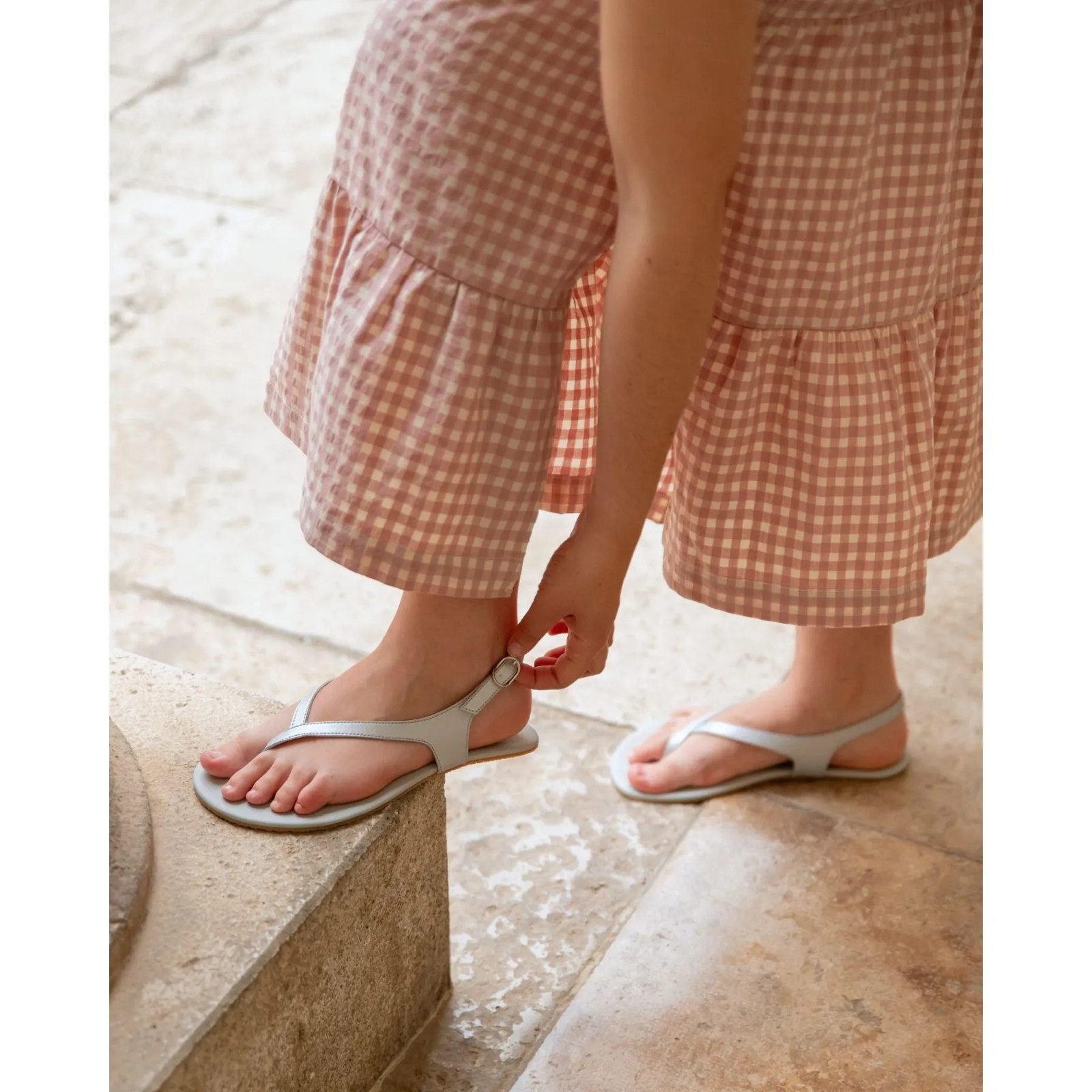 Gingham A-Line Dress with Light Grey Ankle-Strap Sandals Gingham A-Line Dress with Light Grey Ankle-Strap Sandals — Summer Outfits 2027 with Sandals