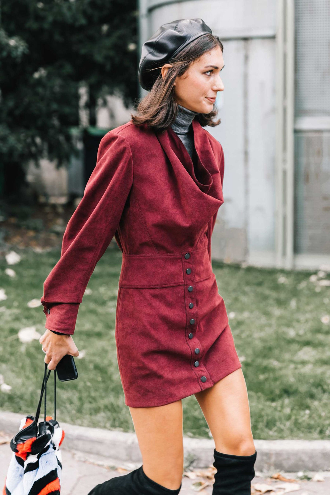 Grey Turtleneck Under Burgundy Mini Dress Grey Turtleneck Under Burgundy Mini Dress — Turtleneck Sweater Outfits 2027