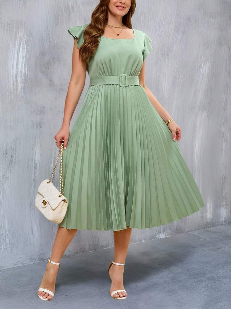 Light Green Pleated Midi Dress with Flutter Sleeves and Belt Light Green Pleated Midi Dress with Flutter Sleeves and Belt — Mothers Day Church Outfits 2027