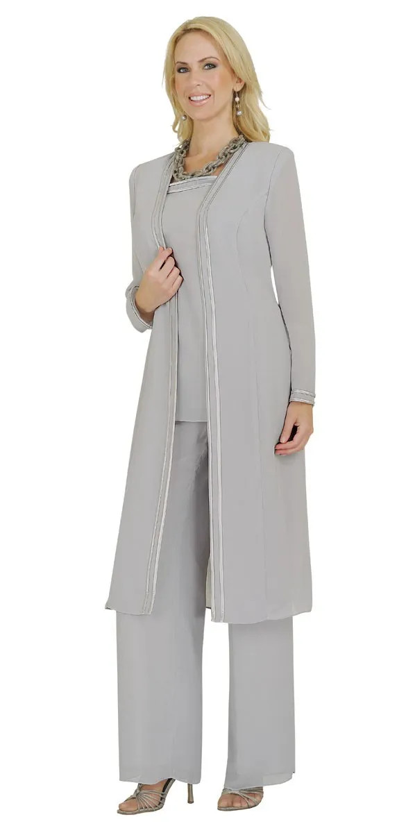 Light Grey Crepe Suit with Silver Trim for a Modern Look Light Grey Crepe Suit with Silver Trim for a Modern Look — Mothers Day Church Outfits 2027