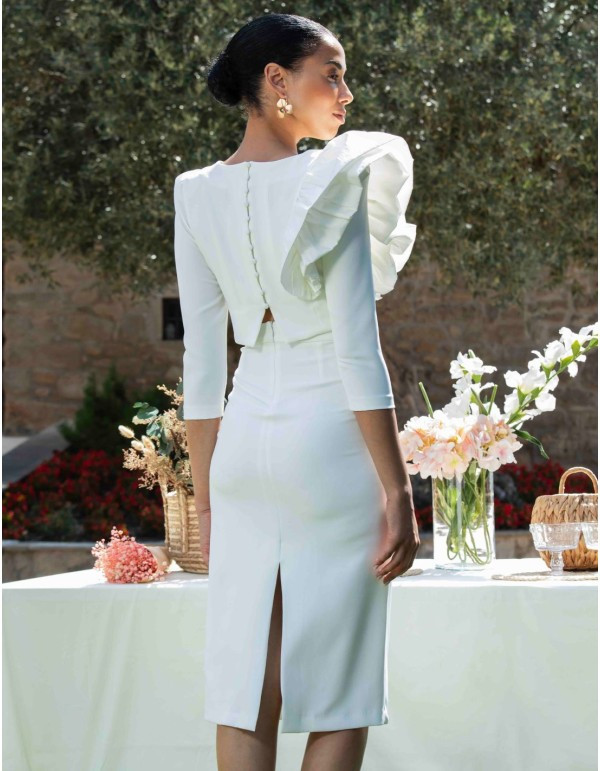 White Midi Dress with Dramatic Ruffled Shoulder Detail White Midi Dress with Dramatic Ruffled Shoulder Detail — Mothers Day Church Outfits 2027