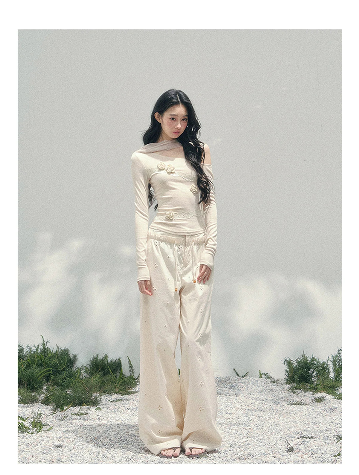 Sophisticated Cream Lace Top with Wide-Leg Pants — Coquette Lace Outfits 2027