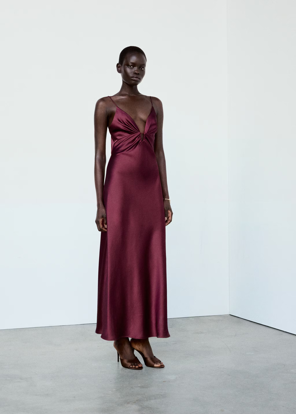 Deep Burgundy Satin Slip Dress with Twisted Knot Detail Deep Burgundy Satin Slip Dress with Twisted Knot Detail — Satin Prom Dresses 2027
