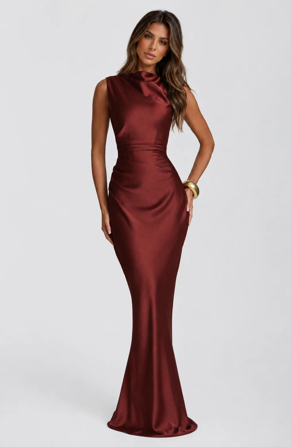 Deep Red Draped Satin Column Gown Deep Red Draped Satin Column Gown — Satin Prom Dresses 2027