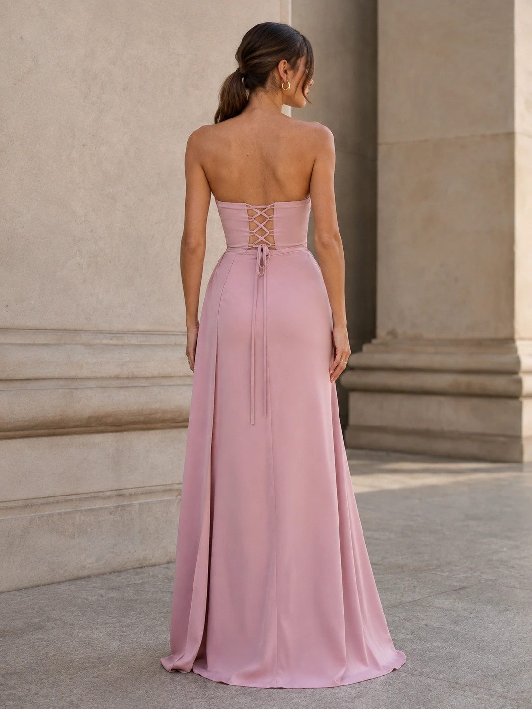 Dusty Rose Satin Prom Dress with Strapless Design and Lace-Up Back Dusty Rose Satin Prom Dress with Strapless Design and Lace-Up Back — Satin Prom Dresses 2027
