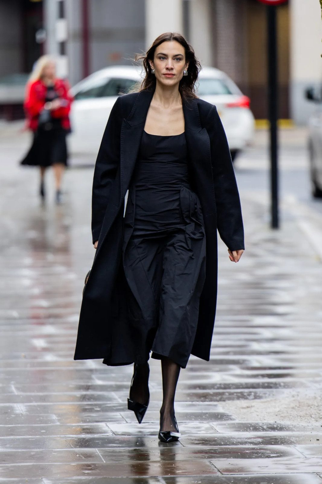 Rainy Day Chic: Long Coat, Dress, and Sheer Black Tights — Sheer Tights Outfits 2027