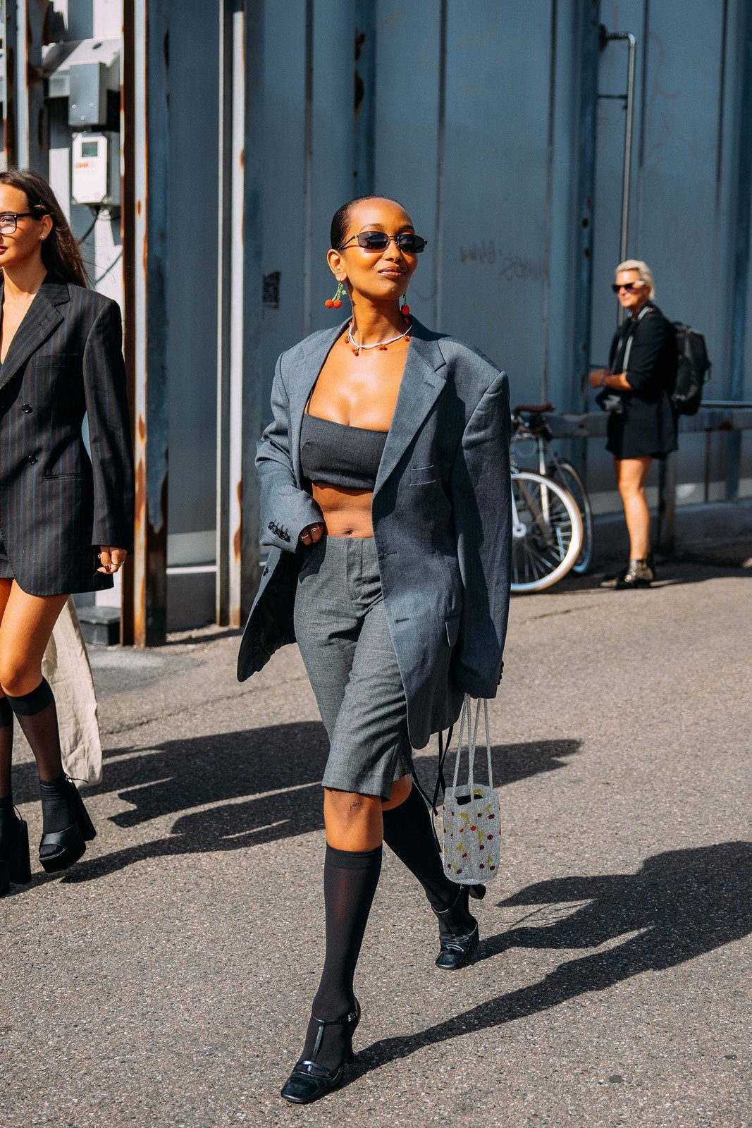 Oversized Blazer with Bralette and Knee-High Socks — Sheer Tights Outfits 2027