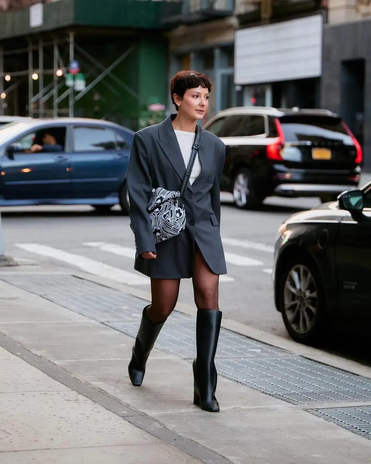 Oversized Blazer and Sheer Tights with Knee-High Boots — Sheer Tights Outfits 2027