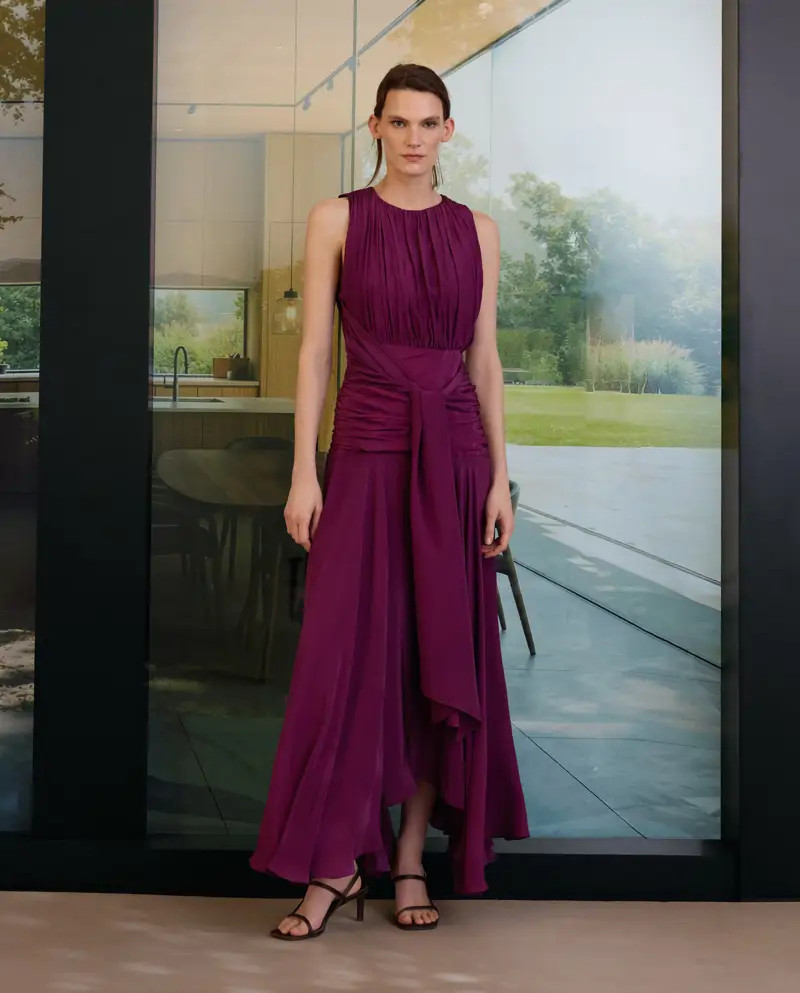 Deep Purple Satin Dress with Ruched Bodice and Skirt — Satin Bridesmaid Dresses 2027