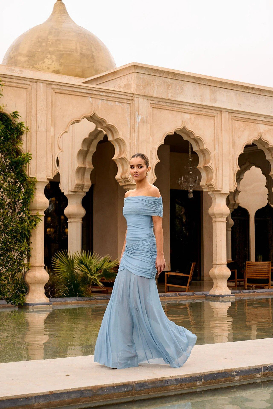 Light Blue Off-the-Shoulder Satin and Chiffon Dress with Ruching — Satin Bridesmaid Dresses 2027