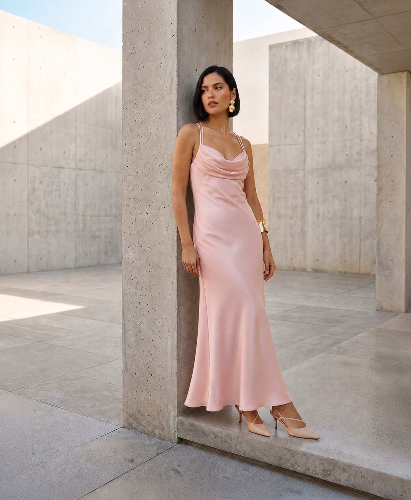 Pale Pink Satin Slip Dress with Cowl Neckline — Satin Bridesmaid Dresses 2027