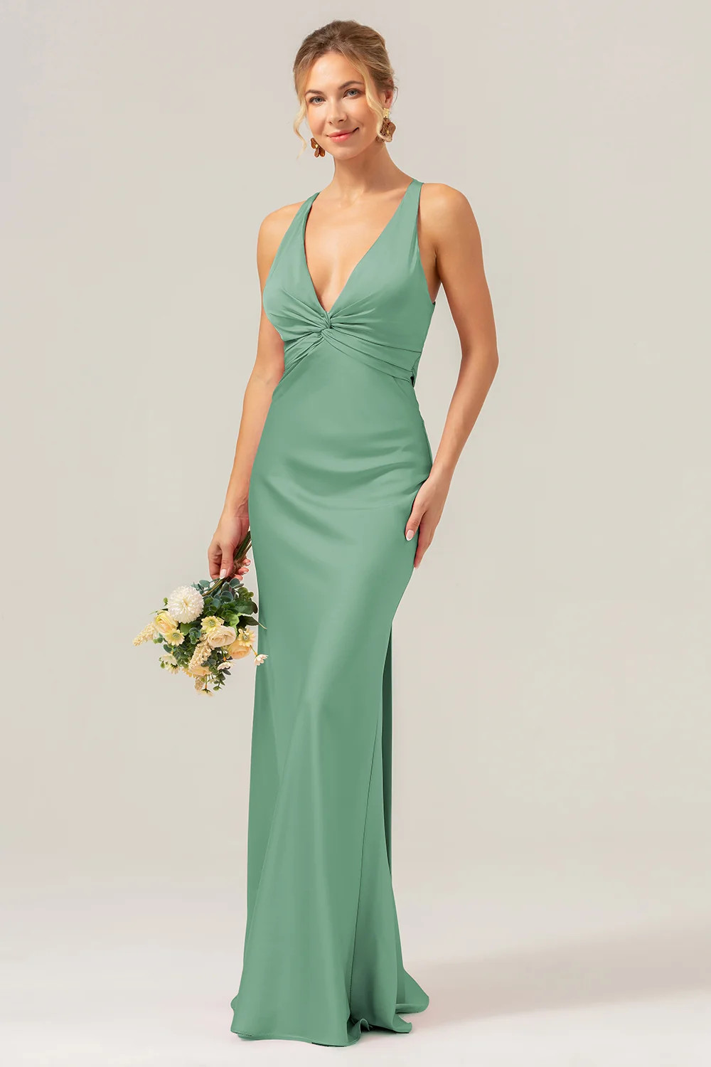 Eucalyptus Green Satin Mermaid Dress with Twisted Neckline — Satin Bridesmaid Dresses 2027
