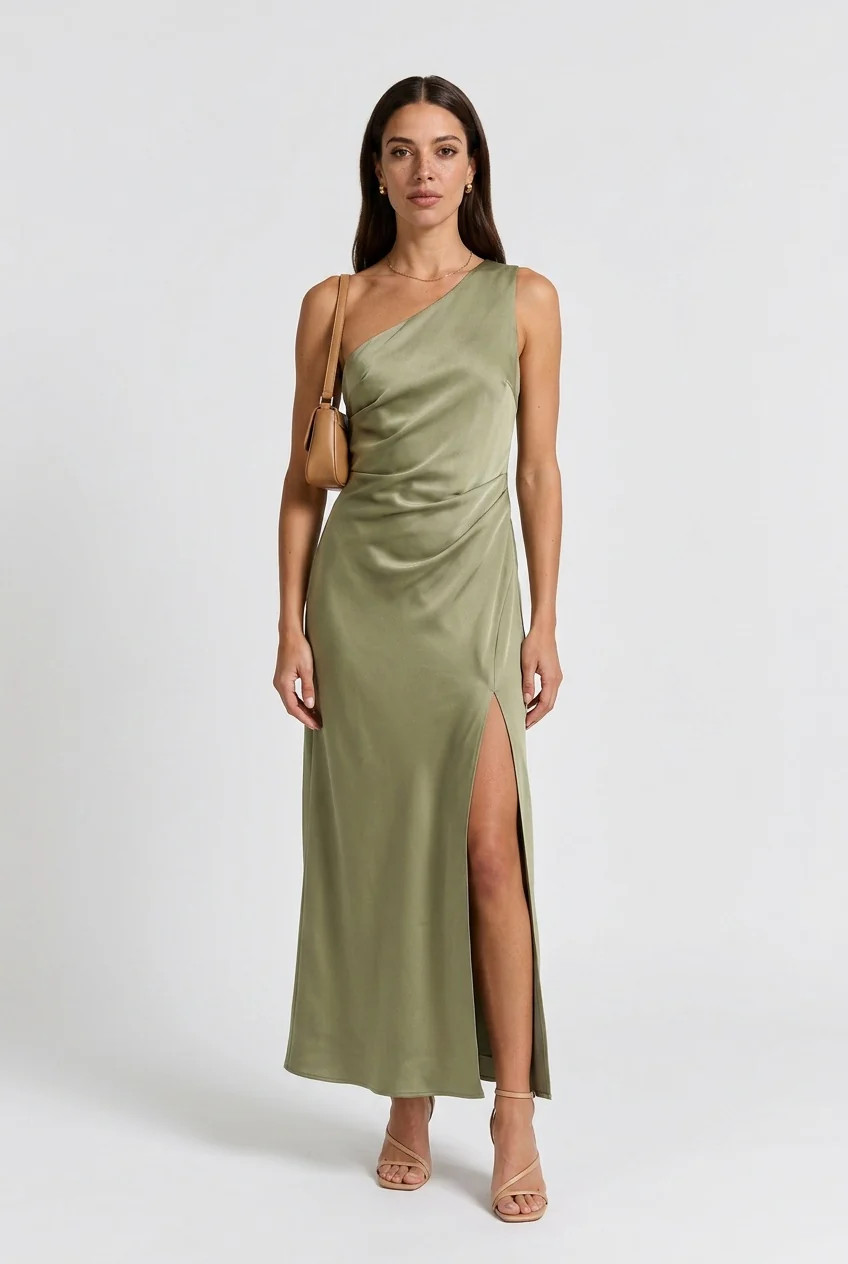 Strappy Heeled Sandals Sage Green One-Shoulder Satin Dress with Ruched Side and High Slit — Satin Bridesmaid Dresses 2027