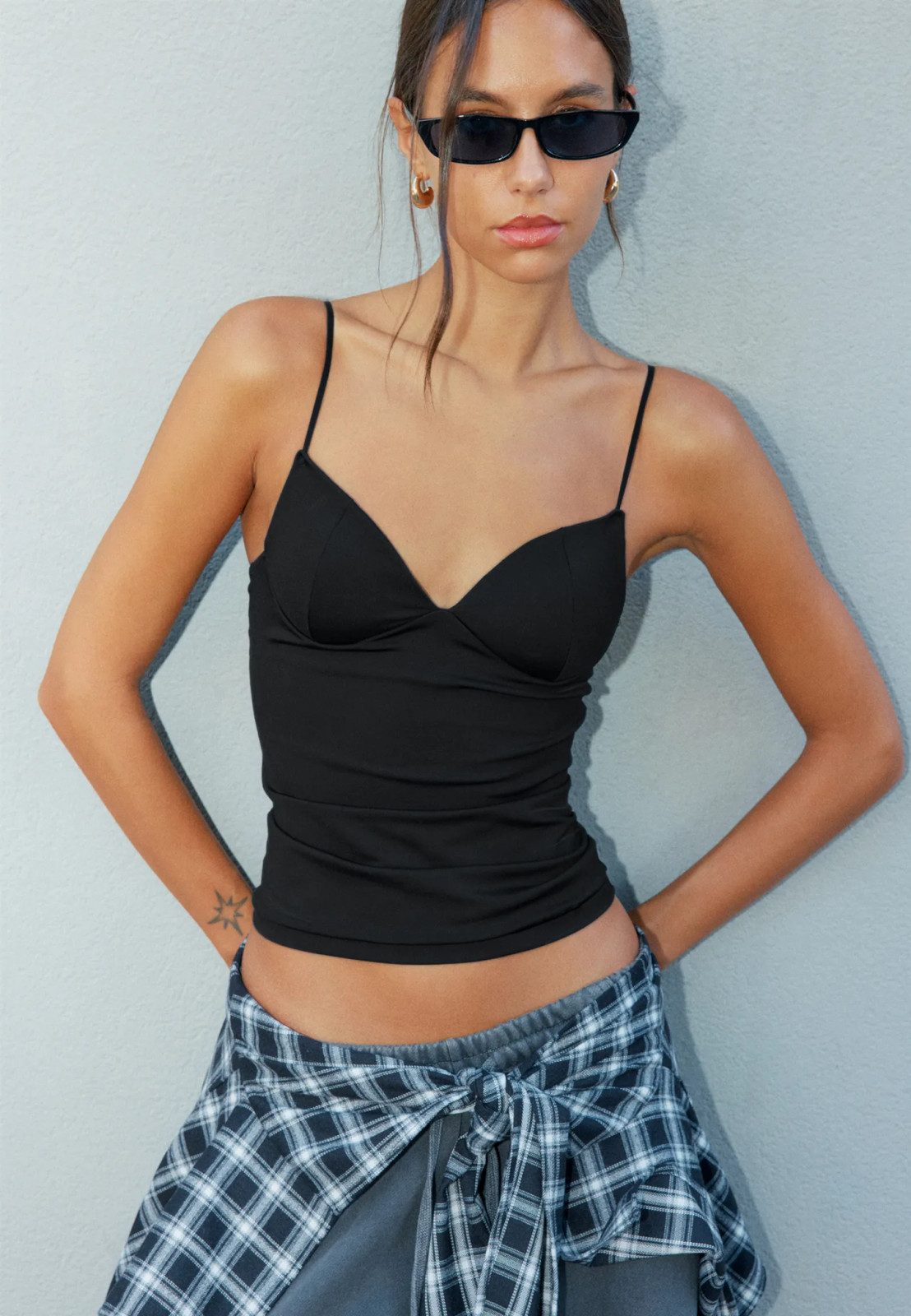 Ribbed Camisole with Plaid Shirt and Sweatpants — Summer Country Concert Outfits 2027