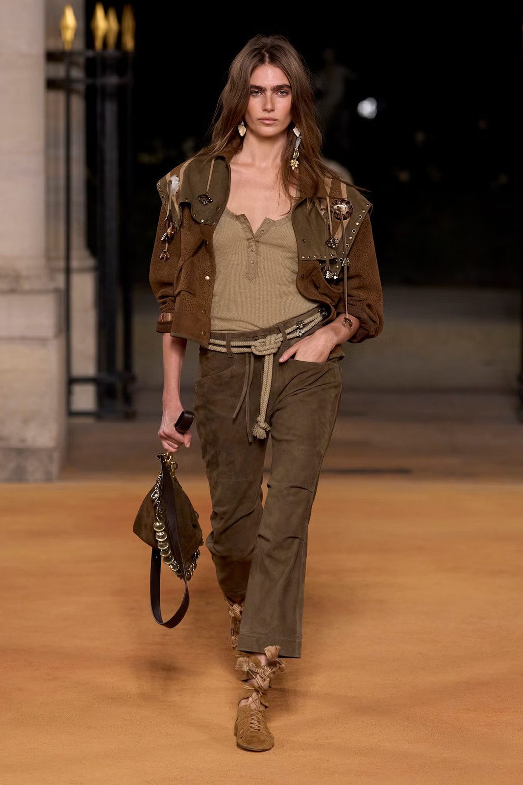 Knit Henley with Suede Jacket and Braided Belt — Summer Country Concert Outfits 2027