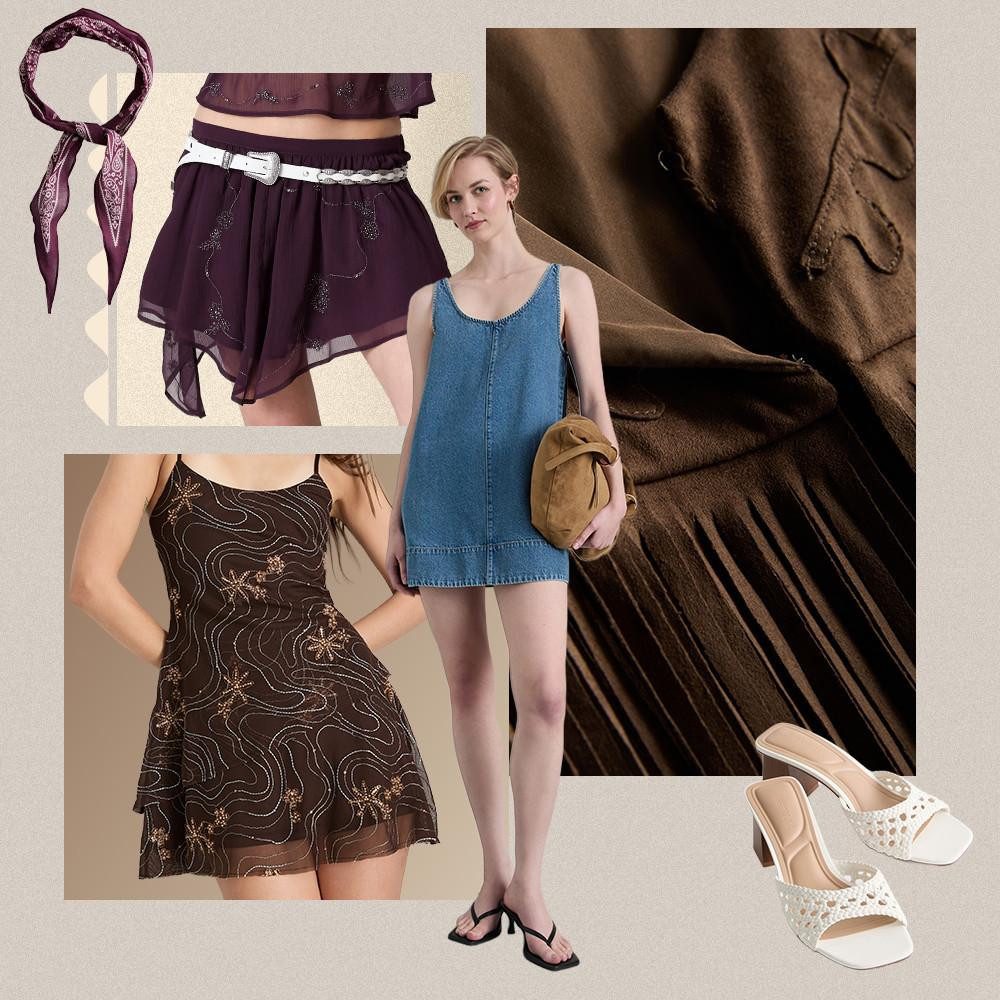 Denim Mini Dress with Crochet Mules — Summer Country Concert Outfits 2027