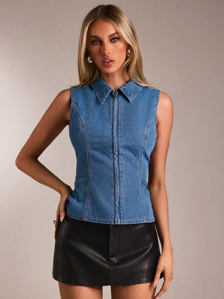 Denim Zip-Up Top with Faux Leather Mini Skirt — Summer Country Concert Outfits 2027