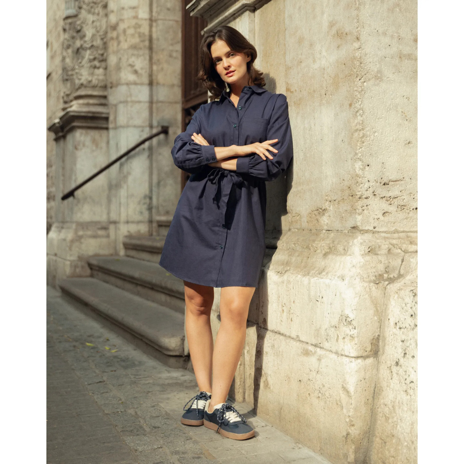 Navy Shirt Dress With Tie Waist And Matching Sneakers Navy Shirt Dress With Tie Waist And Matching Sneakers — Sneakers 2027 with Dress Outfits