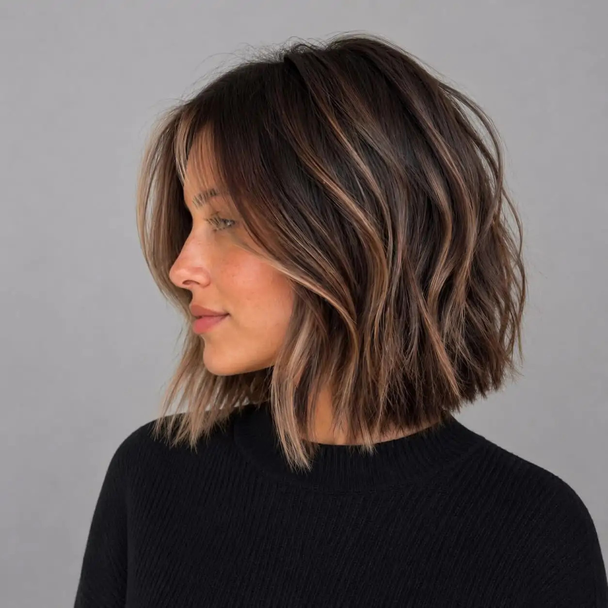 Dark Brown Bob With Curtain Bangs And Blonde Highlights Dark Brown Bob With Curtain Bangs And Blonde Highlights — Money Piece Bob 2027