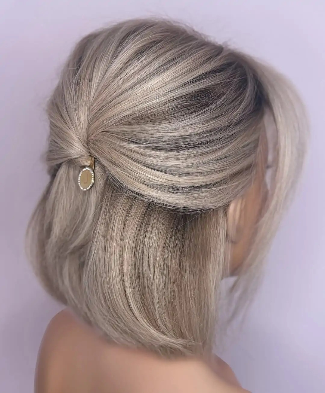 Polished Ash Blonde Bob with Fancy Clip Polished Ash Blonde Bob with Fancy Clip — Bob Half Up 2027