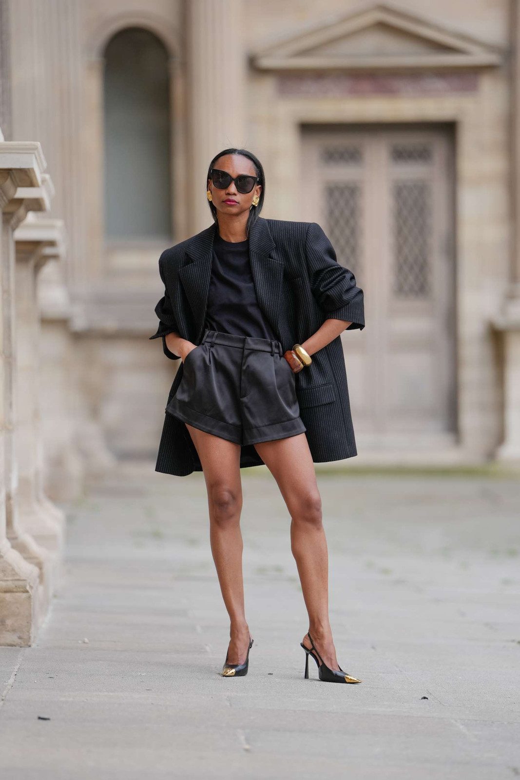 Oversized Pinstripe Blazer with Satin Shorts Oversized Pinstripe Blazer with Satin Shorts — Outfits 2027 for Black Women
