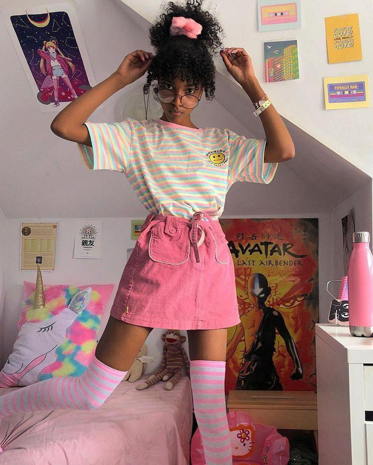 Pink Corduroy Mini Skirt with Pastel Stripes and Knee-High Socks Pink Corduroy Mini Skirt with Pastel Stripes and Knee-High Socks — Outfits 2027 for Black Women