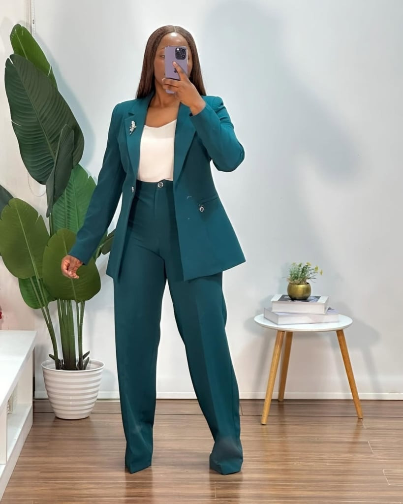 Polished Teal Pantsuit with White Tank Polished Teal Pantsuit with White Tank — Outfits 2027 for Black Women