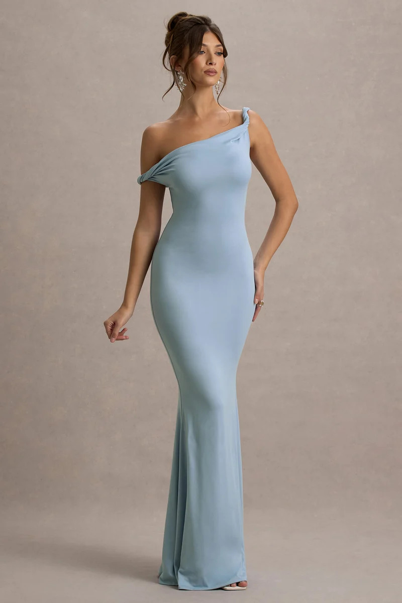Light Blue Jersey One-Shoulder Fitted Floor-Length Dress Light Blue Jersey One-Shoulder Fitted Floor-Length Dress — Bridesmaid Dresses 2027
