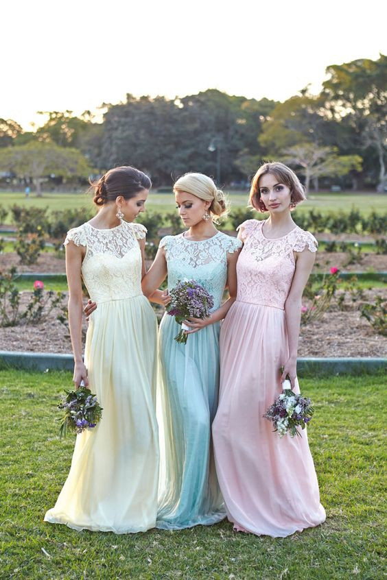 Pastel Chiffon Floor-Length Dresses with Lace Bodices Pastel Chiffon Floor-Length Dresses with Lace Bodices — Bridesmaid Dresses 2027