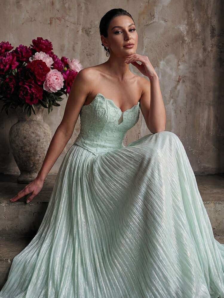 Smilprince Vestido de dama de honor de noche largo hasta el suelo, de gasa con cuentas, sin tirantes, azul claro lavado, de lujo, fluido, para fiesta de primavera y verano, atuendo para
