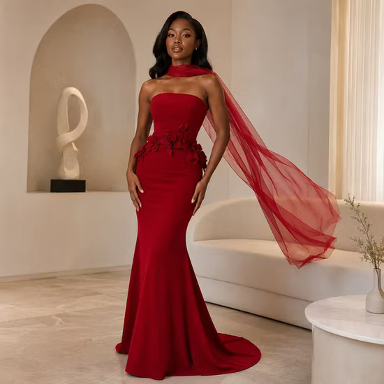 Red Strapless Mermaid Dress with Floral Applique Red Strapless Mermaid Dress with Floral Applique — Bridesmaid Dresses 2027