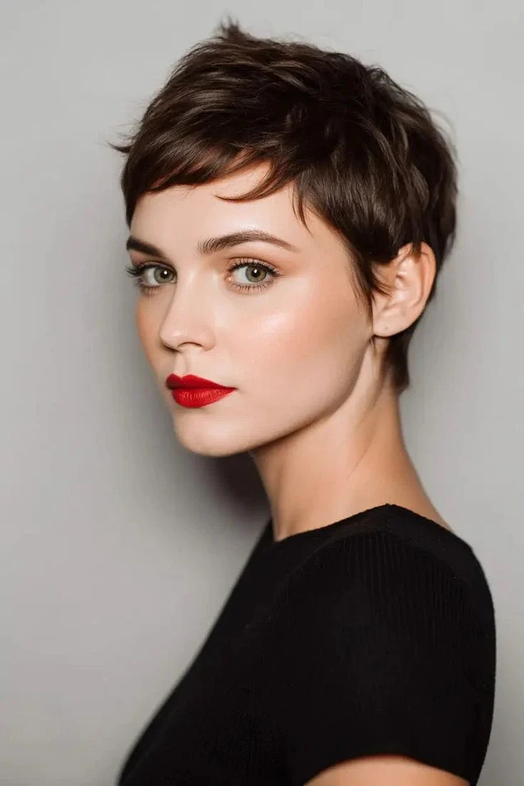Smooth Dark Brown Side Part Pixie — Work Pixie 2027