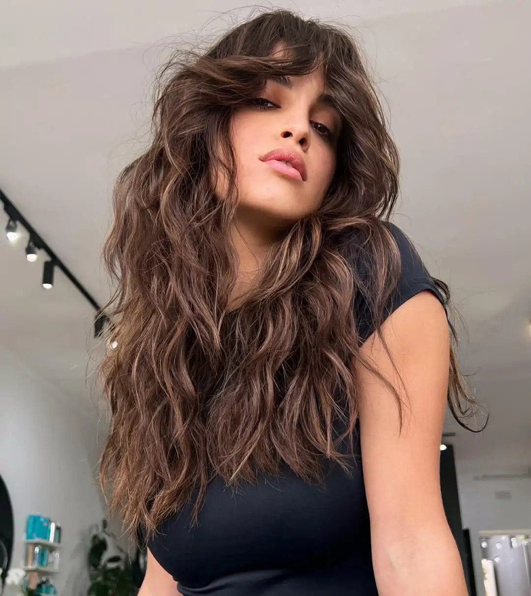 Air Dried Tousled Mid-Back Dark Brown With Caramel Air Dried Tousled Mid-Back Dark Brown With Caramel — Hair Color 2027 for Long Face